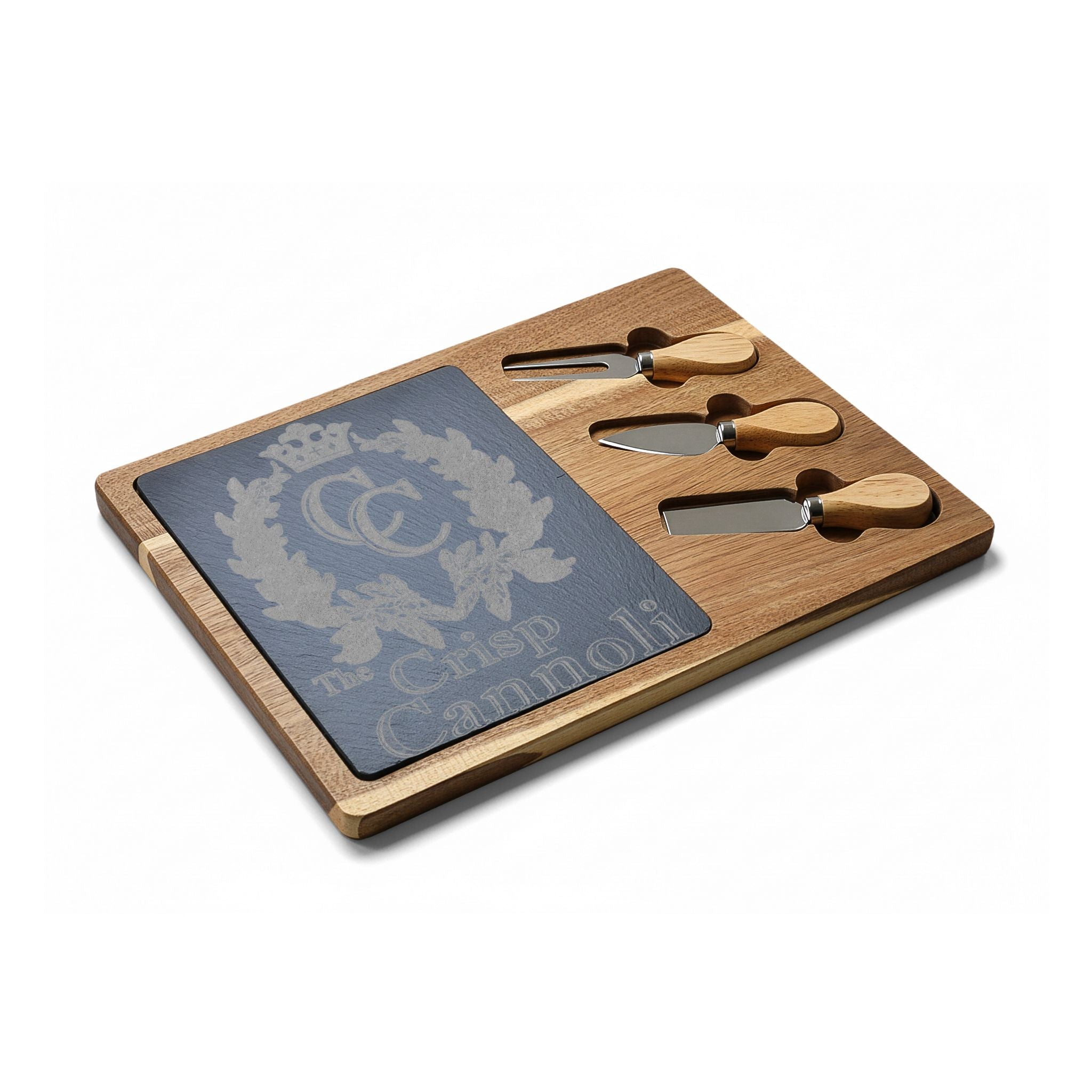 Engraved Charcuterie Board with Cheese Knives — Personalized 'The Crisp Cannoli' Slate Inlay