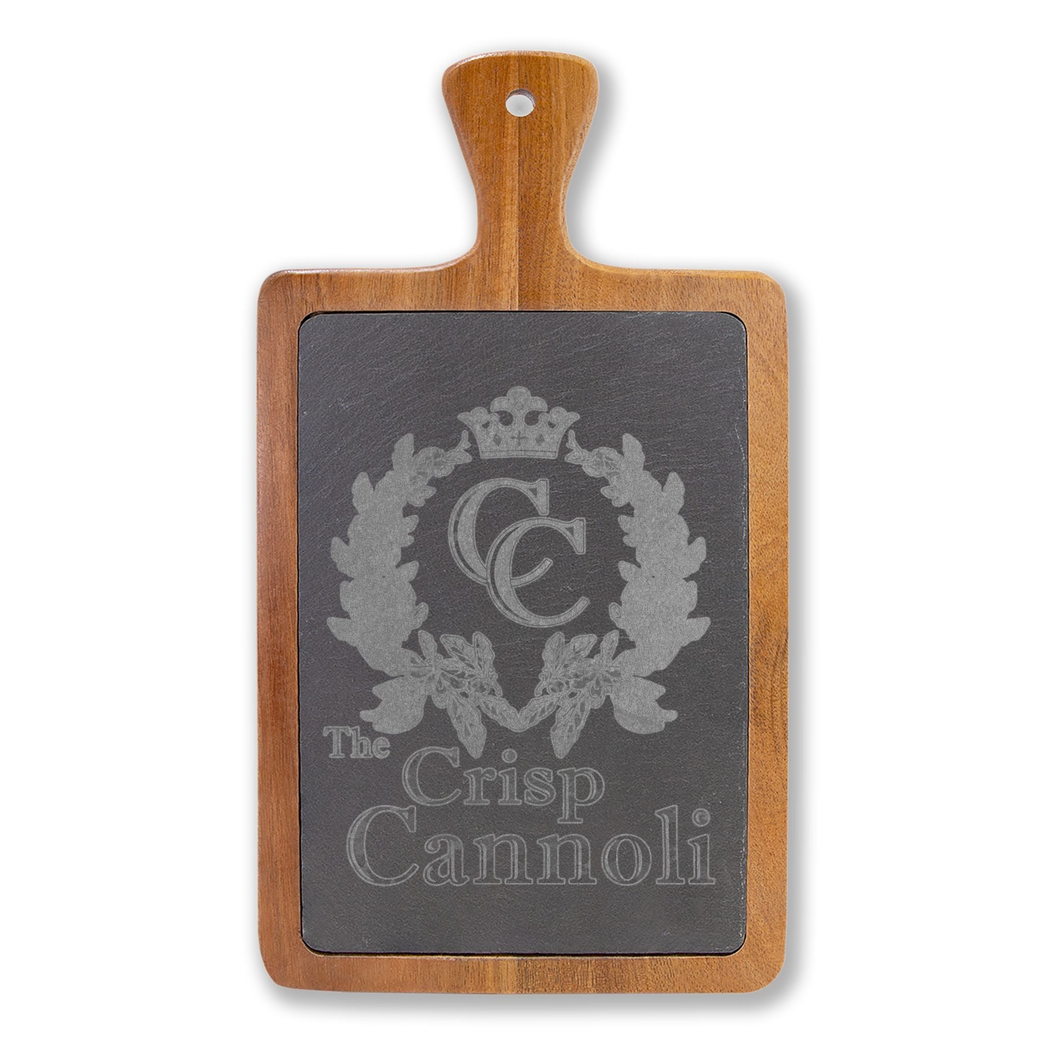 Engraved Charcuterie Board with Cheese Knives — Personalized 'The Crisp Cannoli' Slate Inlay