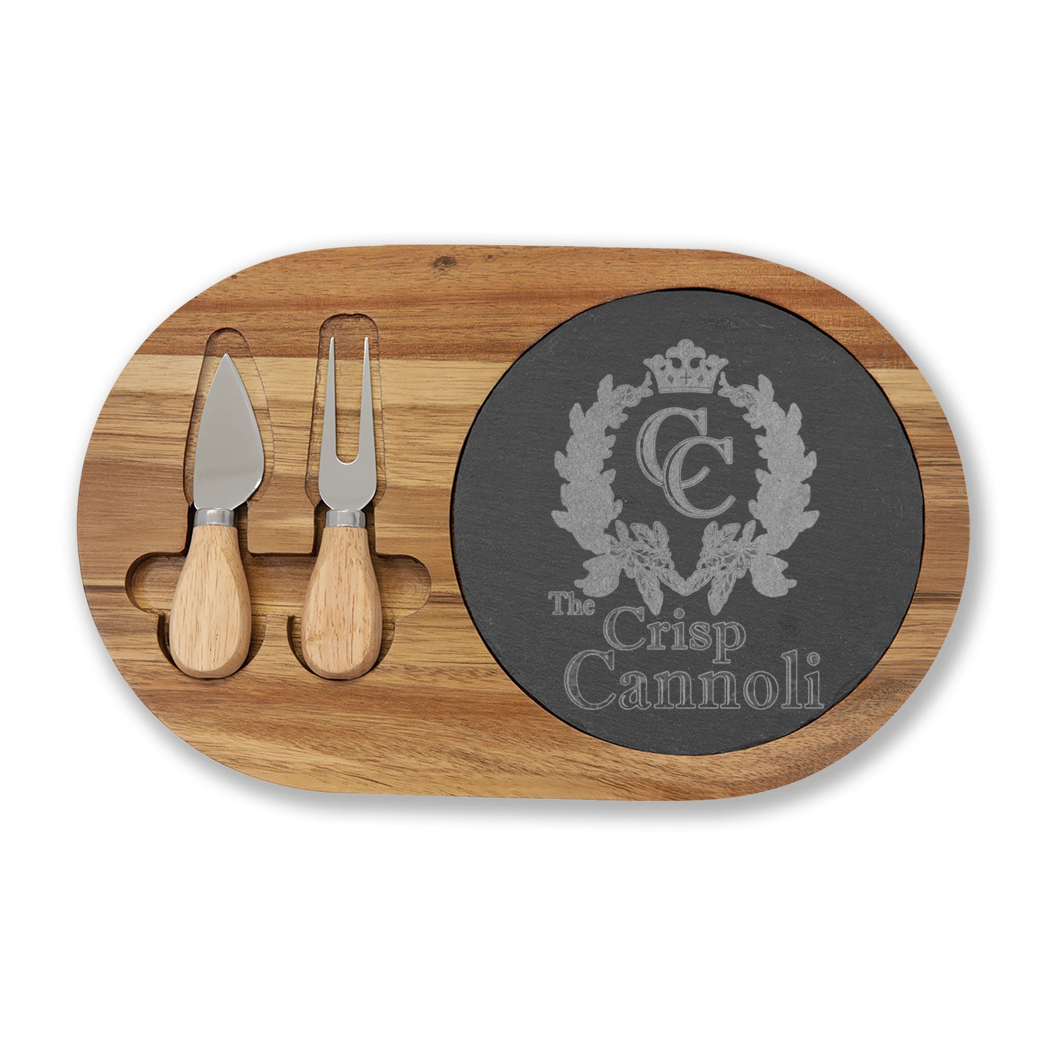 Engraved Charcuterie Board with Cheese Knives — Personalized 'The Crisp Cannoli' Slate Inlay