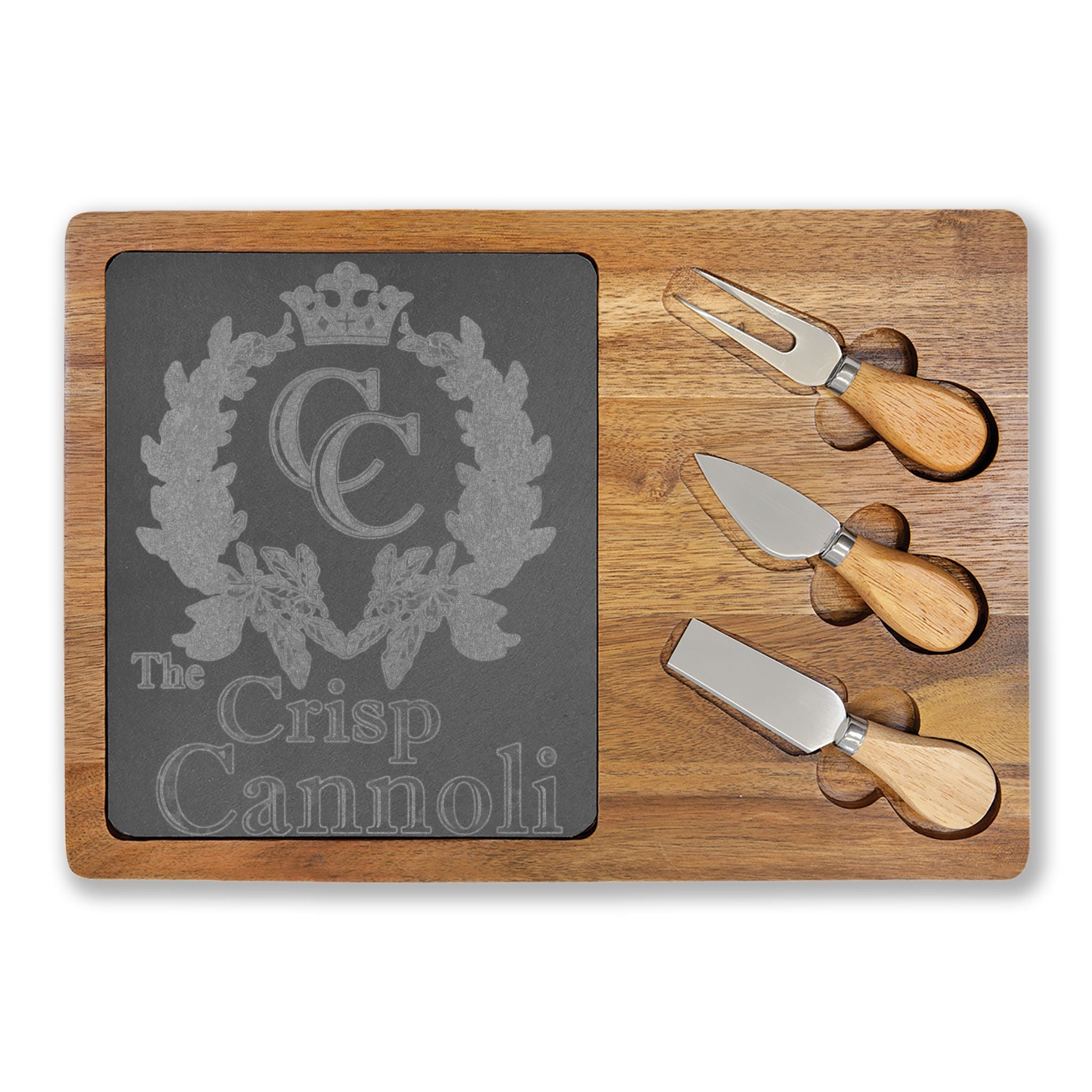 Engraved Charcuterie Board with Cheese Knives — Personalized 'The Crisp Cannoli' Slate Inlay