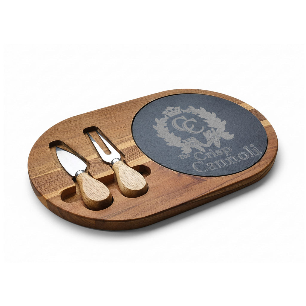 Engraved Charcuterie Board with Cheese Knives — Personalized 'The Crisp Cannoli' Slate Inlay